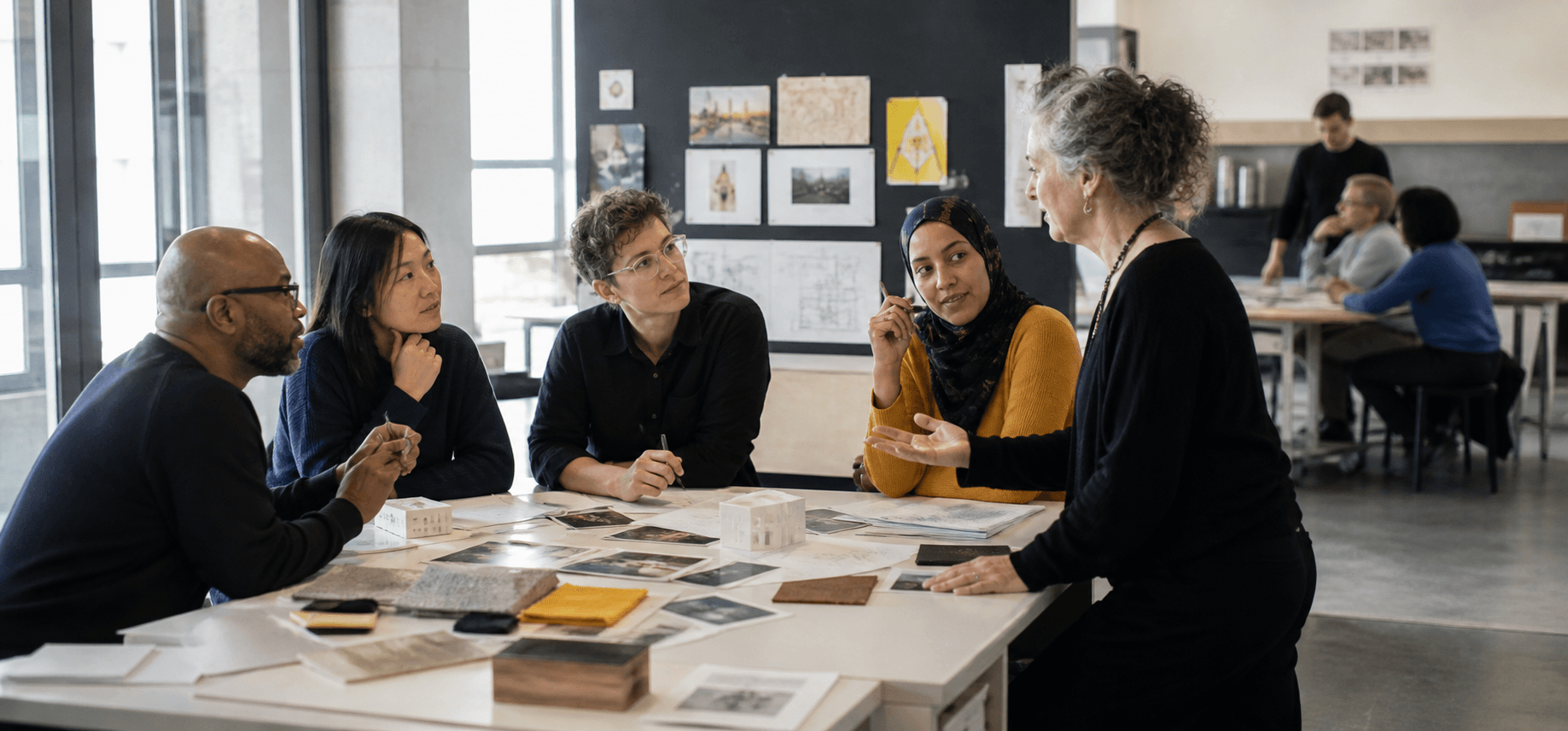 An educator facilitating shared inquiry with a diverse group of adult learners