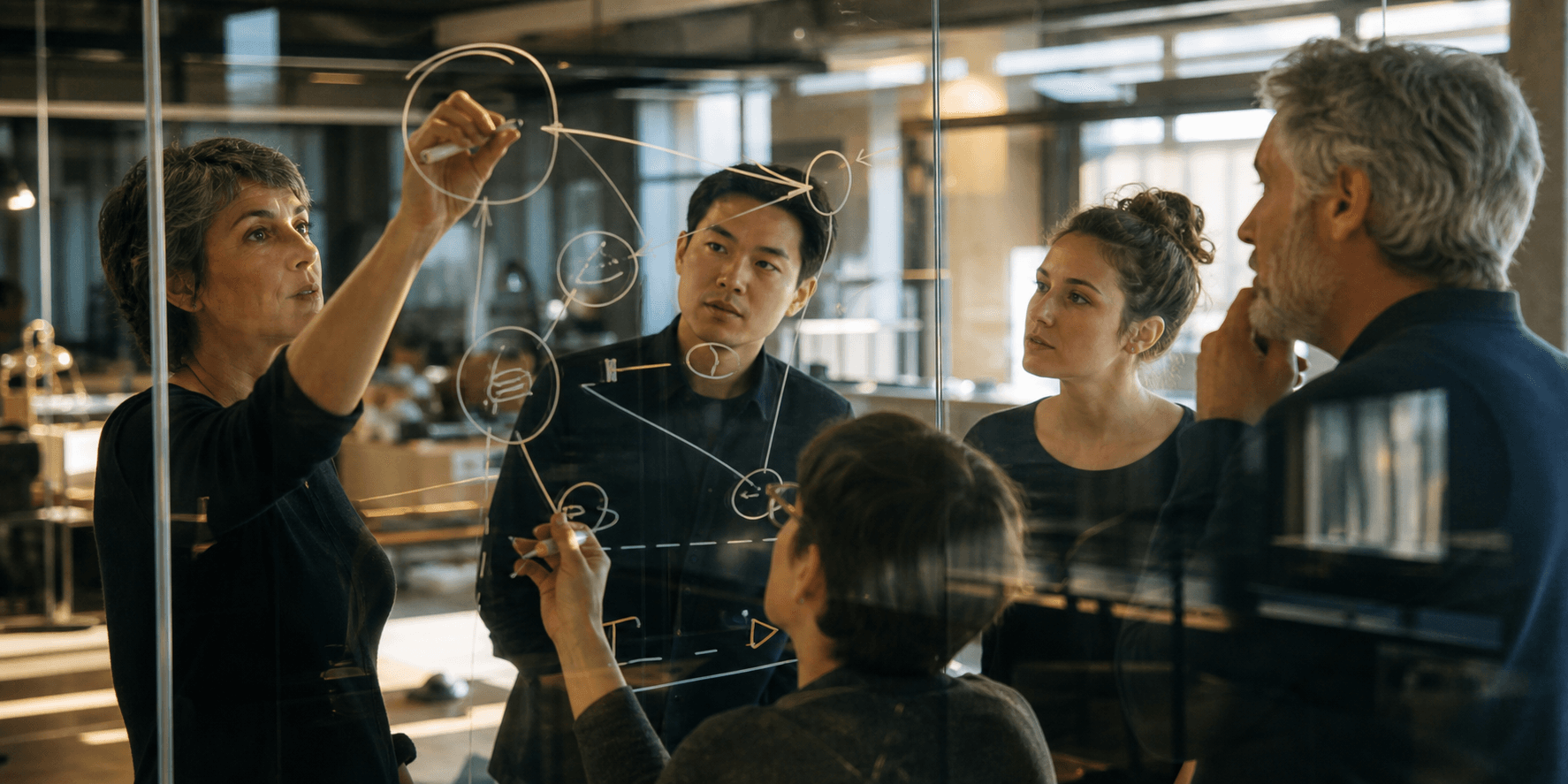 A learning team making relationships and ideas visible together on a transparent surface
